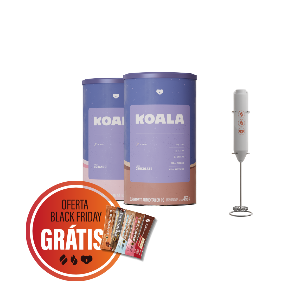 Kit Koala com duas latas nos sabores morango e chocolate, mixer elétrico ao lado e selo da oferta Black Friday indicando brinde grátis com sachês variados de SuperCoffee.