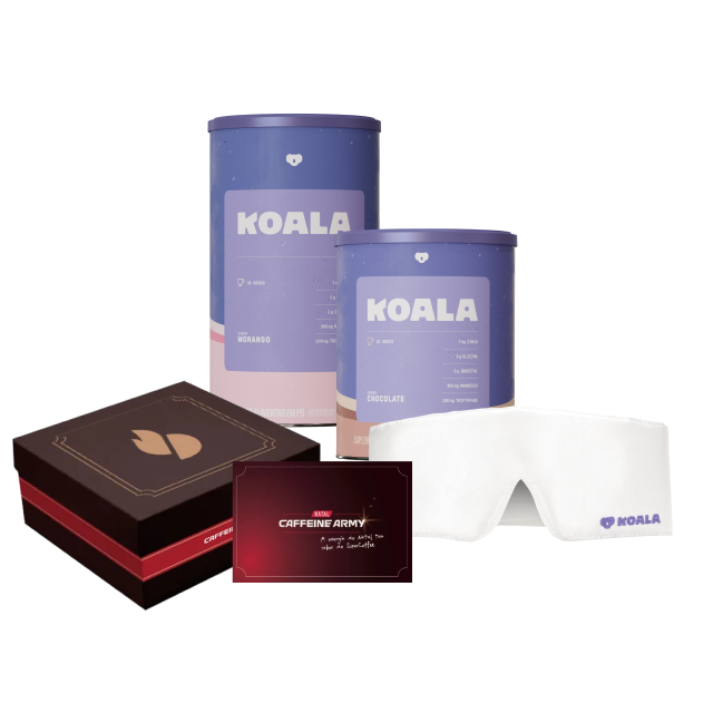 Kit Koala com sabores Morango e Chocolate acompanhados de caixa de natal, cartão e máscara de dormir branca.