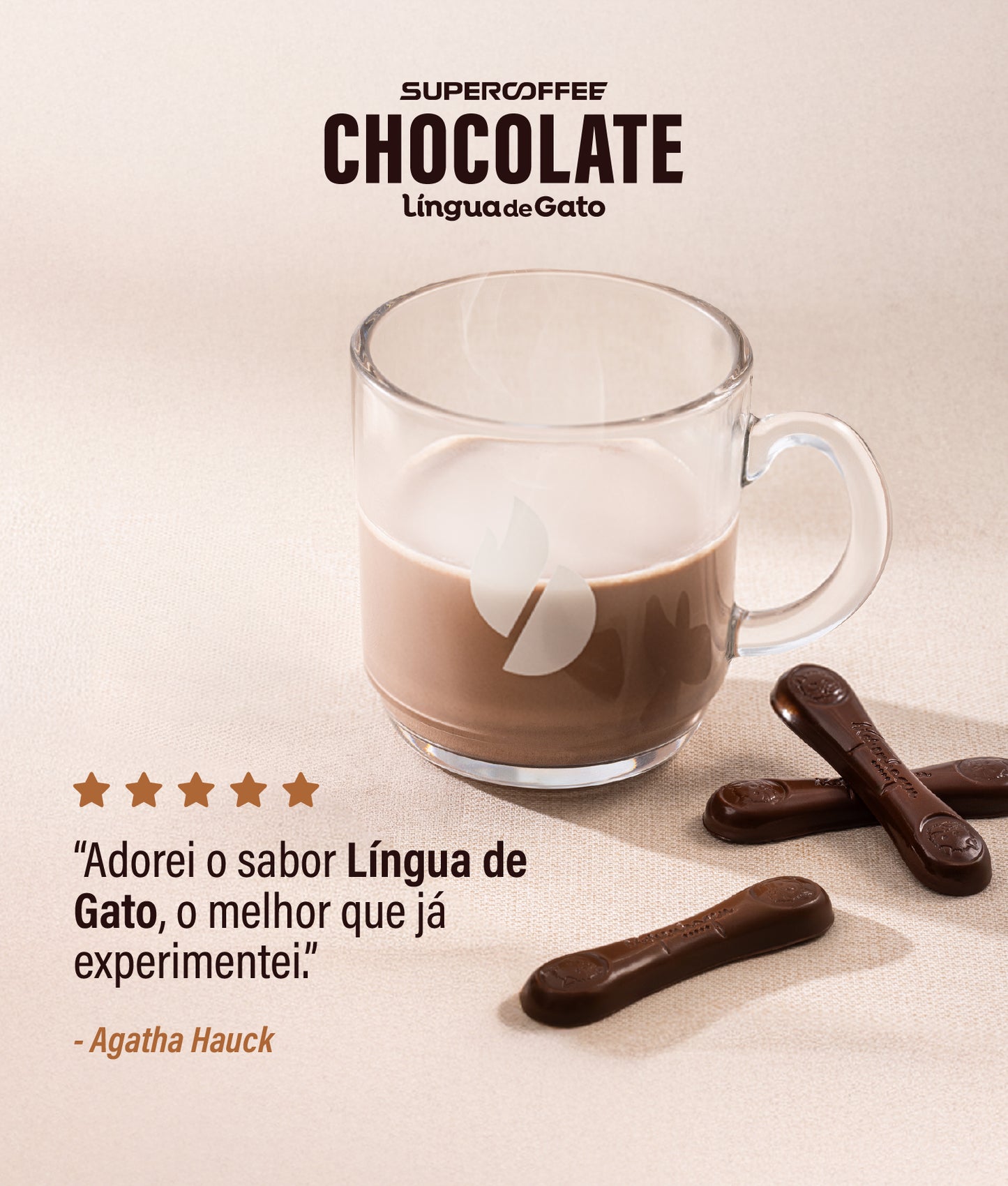 Copo de SuperCoffee Língua de Gato ao lado de chocolates, com avaliação 5 estrelas e depoimento de cliente elogiando o sabor.