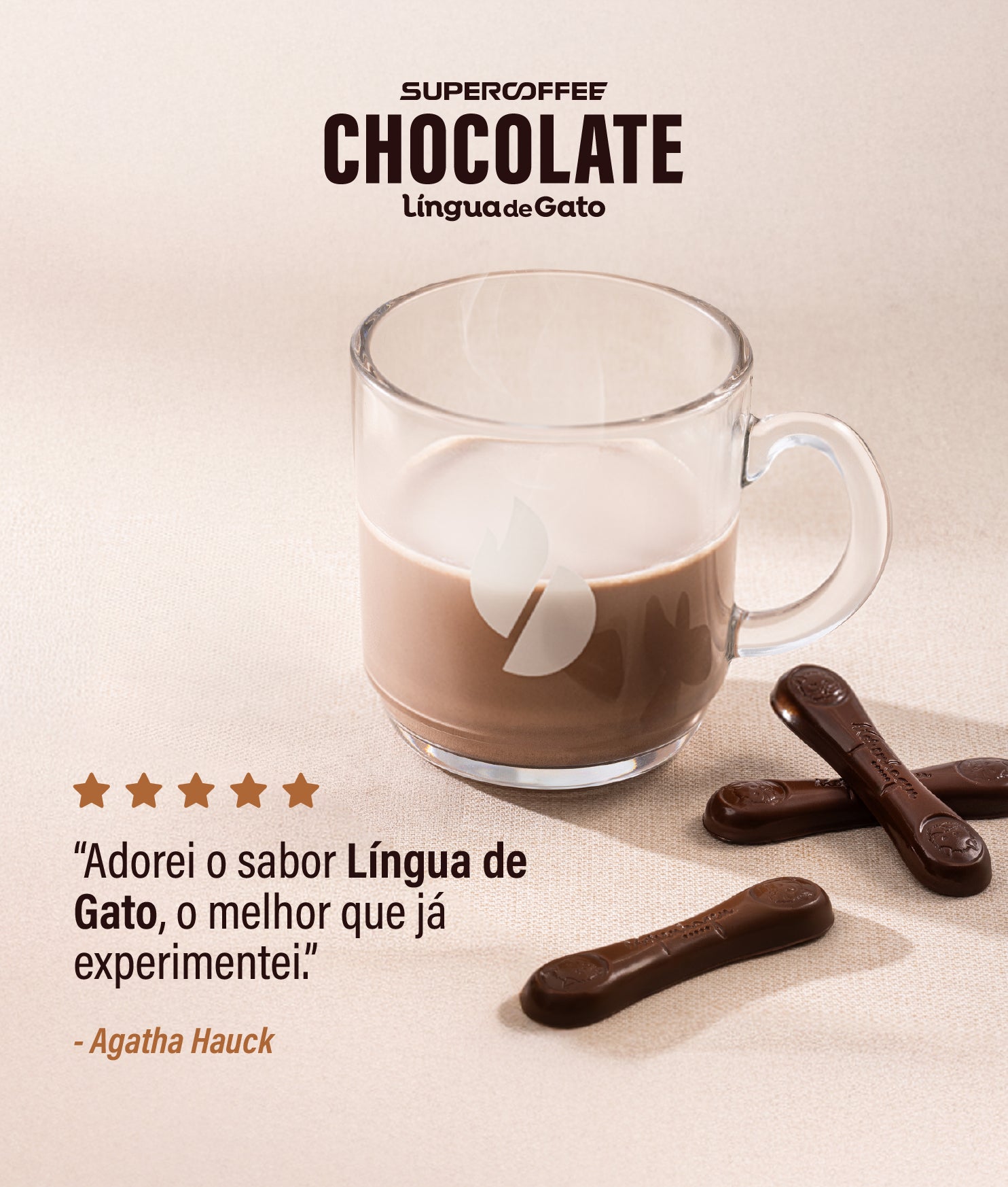 Copo de SuperCoffee Língua de Gato ao lado de chocolates, com avaliação 5 estrelas e depoimento de cliente elogiando o sabor.