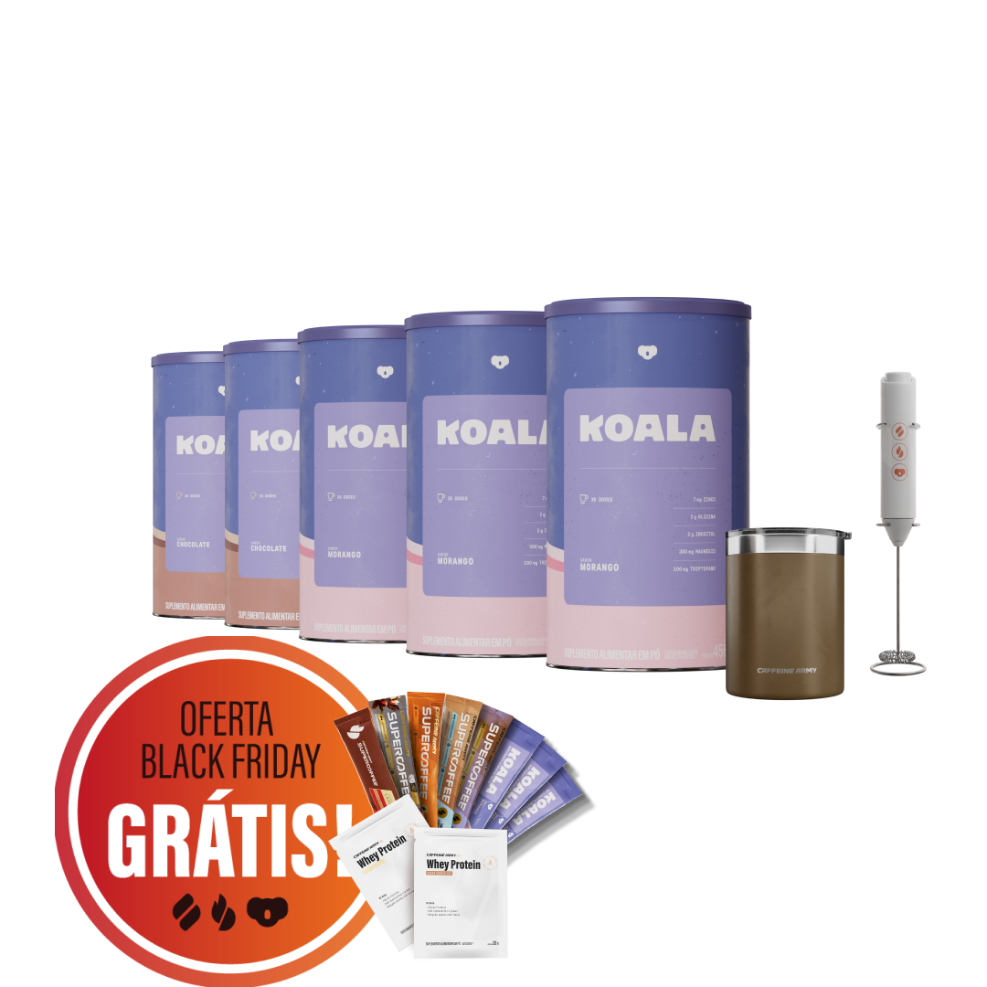Kit Koala com seis latas nos sabores chocolate e morango, acompanhado de mixer elétrico, copo térmico e brindes da Black Friday, incluindo sachês de SuperCoffee e Whey Protein. Selo indicando oferta grátis.