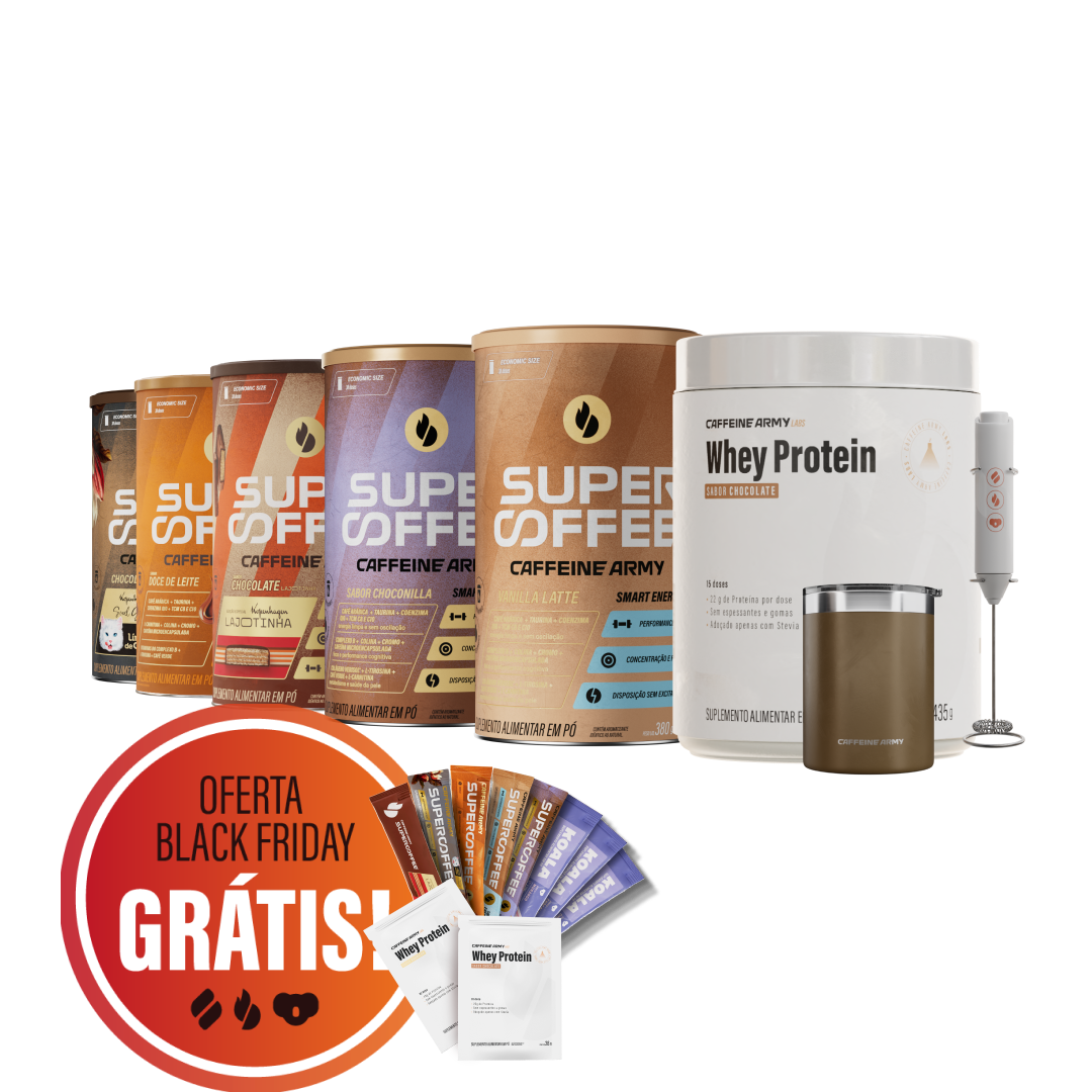 Kit Black Friday Caffeine Army com diversas latas de SuperCoffee, Whey Protein, mixer elétrico, copo térmico, sachês sortidos e amostras grátis, acompanhado de selo ‘Oferta Black Friday Grátis’.