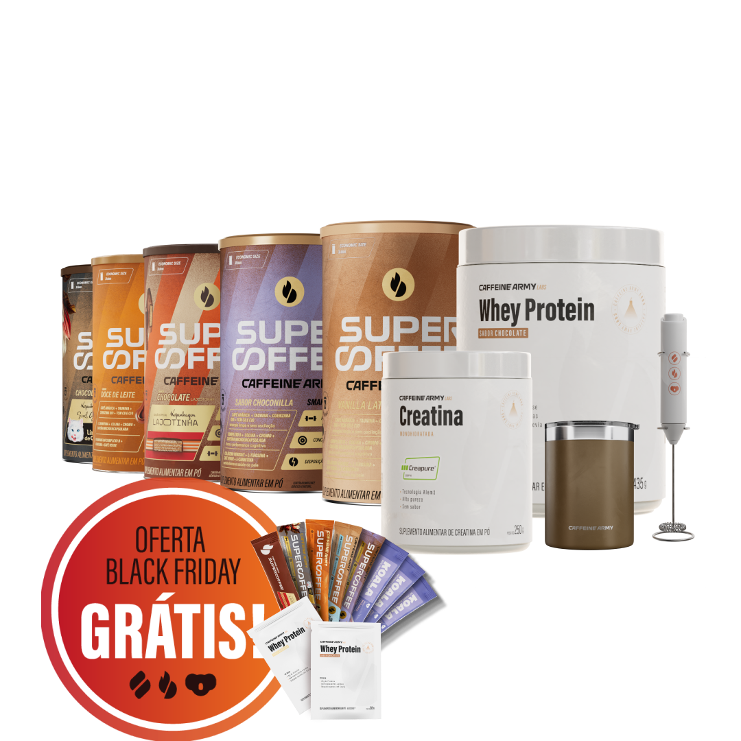 Kit Black Friday Caffeine Army com várias latas de SuperCoffee, Whey Protein, Creatina, mixer elétrico, copo térmico e diversos sachês grátis, acompanhado do selo ‘Oferta Black Friday Grátis’.