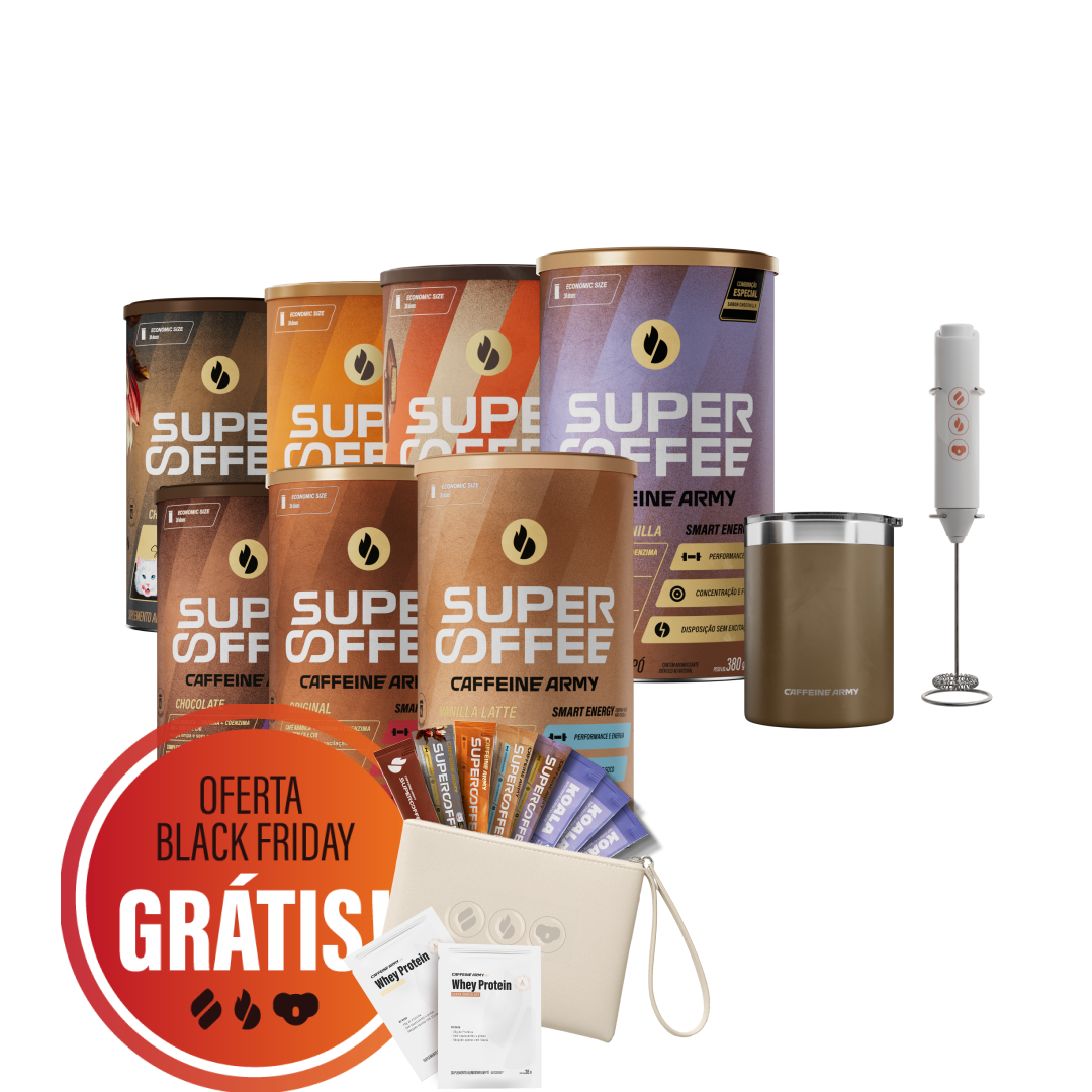 Kit SuperCoffee com diversas latas de sabores variados, acompanhado de mixer elétrico, copo térmico dourado, necessaire clara e brindes da Black Friday, incluindo sachês de SuperCoffee e Whey Protein. Selo ‘Oferta Black Friday Grátis’ em destaque.