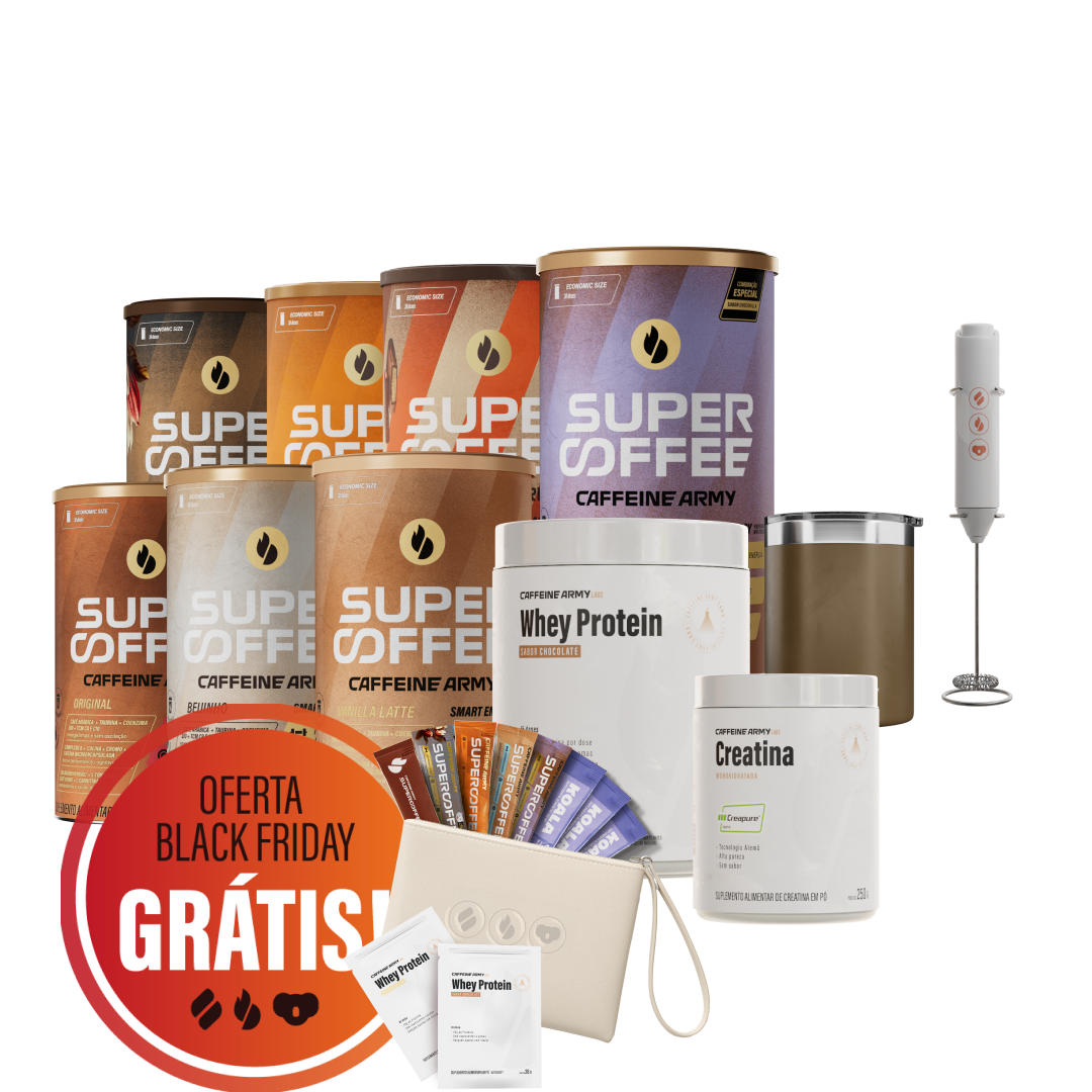 Mega combo Black Friday Caffeine Army com várias latas de SuperCoffee, whey protein, creatina, mixer elétrico, copo térmico, necessaire e sachês variados, acompanhado de selo ‘Oferta Black Friday – Grátis’.