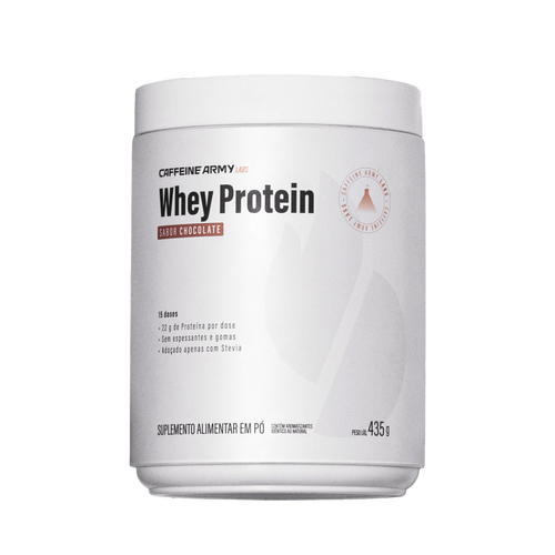 Pote de Whey Protein Caffeine Army Labs 435g sabor chocolate com rótulo branco minimalista.