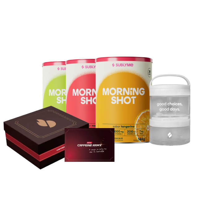 Kit Morning Shot Sublyme com três sabores e multipack organizador transparente, acompanhado de caixa de presente Caffeine Army