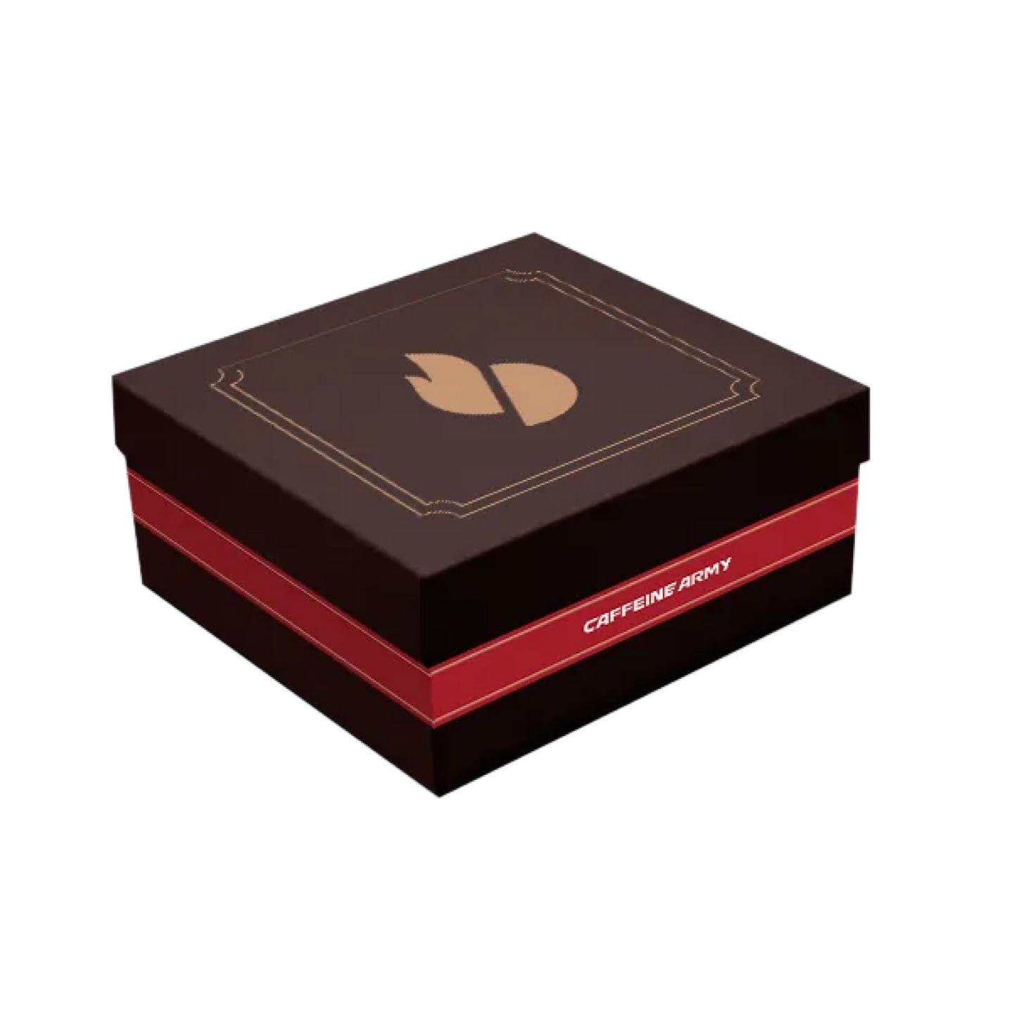 Caixa de presente da Caffeine Army em tons de marrom e vermelho, com logo dourado na tampa e faixa lateral personalizada.