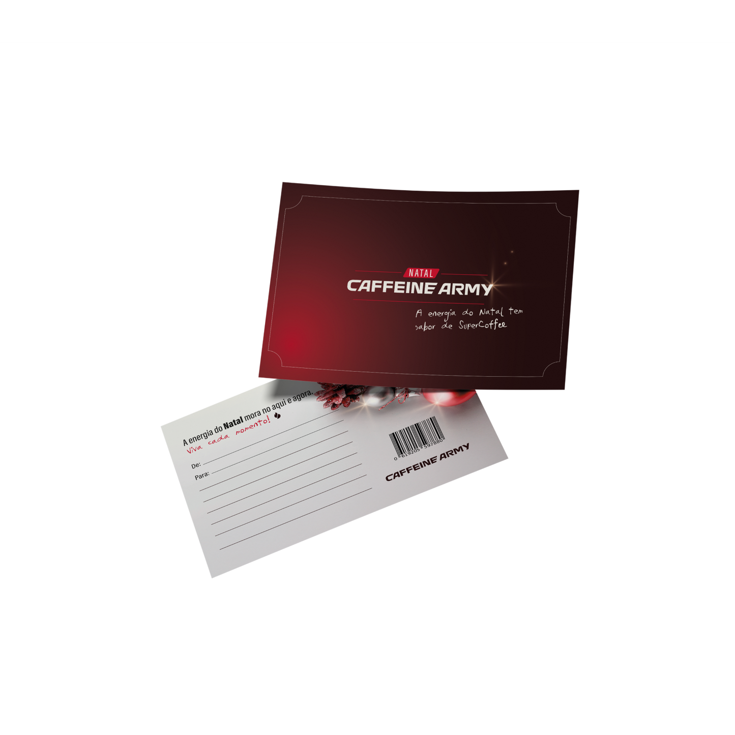 Cartão de Natal da Caffeine Army, com frente em vermelho escuro e mensagem festiva, acompanhado do verso branco com espaço para dedicatória personalizada.