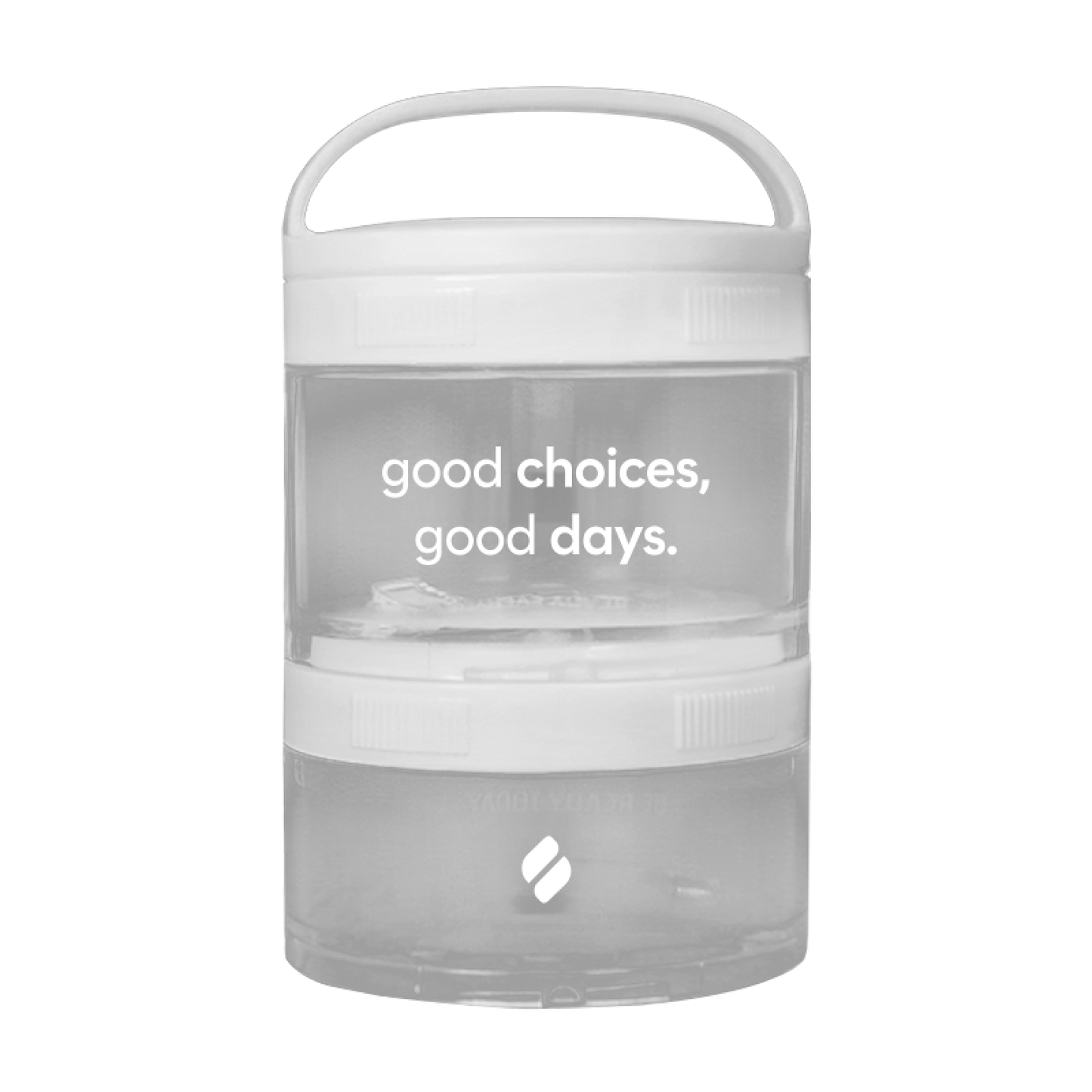 Multipack transparente e empilhável com tampa branca, exibindo a frase ‘good choices, good days.’ e o ícone da Sublyme na base.
