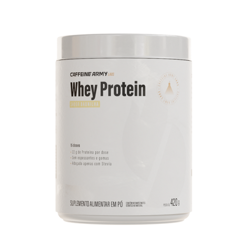 Pote de Whey Protein Caffeine Army Labs 420g sabor baunilha, com rótulo branco minimalista.