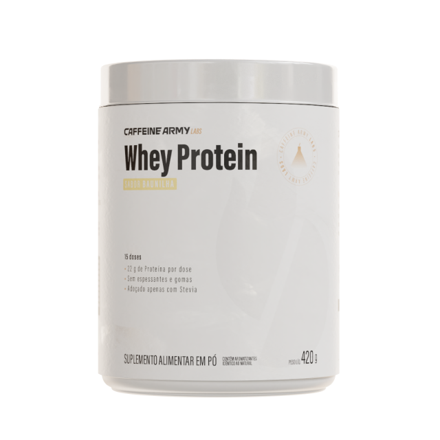 Pote de Whey Protein Caffeine Army Labs 420g sabor baunilha, com rótulo branco minimalista.