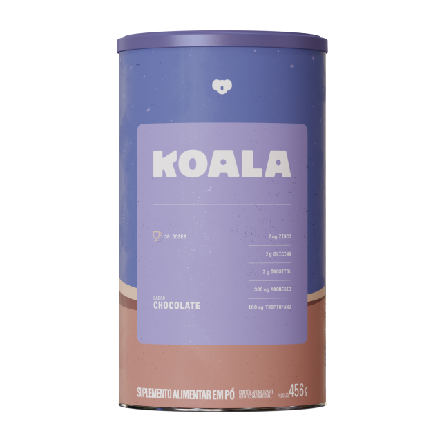 Produto Koala sabor chocolate em lata de 456g, com rótulo azul e marrom e destaque para ingredientes como magnésio, inositol e triptofano.