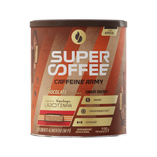 SuperCoffee Lajotinha 220g em lata, edição especial sabor chocolate com wafer, destaque para energia, foco e disposição.