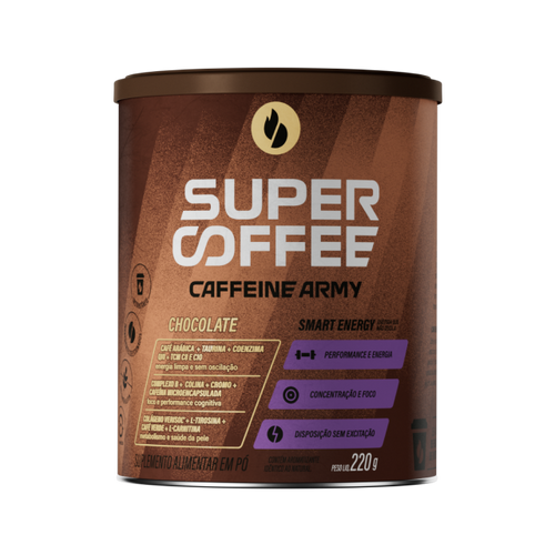 Lata SuperCoffee Chocolate 220g com rótulo marrom em destaque.