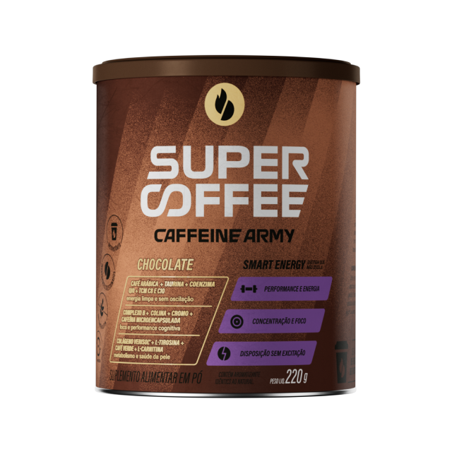 Lata SuperCoffee Chocolate 220g com rótulo marrom em destaque.