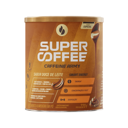 Lata SuperCoffee Doce de Leite 220g, edição especial, em destaque com rótulo laranja.