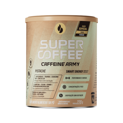 Lata SuperCoffee Pistache 220g, edição especial, com rótulo verde claro e bege.