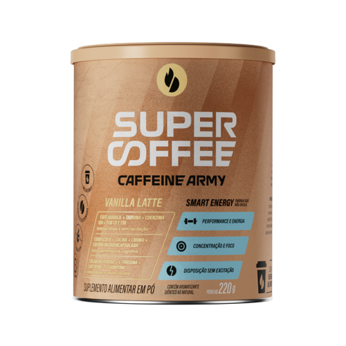 Lata SuperCoffee Vanilla Latte 220g com rótulo bege e detalhes em azul.