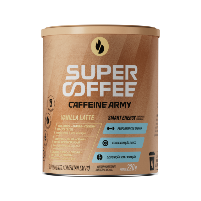 Lata SuperCoffee Vanilla Latte 220g com rótulo bege e detalhes em azul.