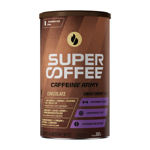 Lata SuperCoffee Chocolate 380g com rótulo marrom em destaque.