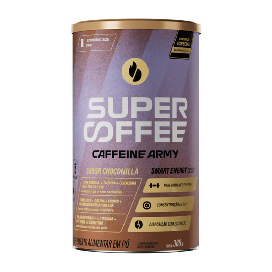 Lata SuperCoffee Choconilla 380g, edição especial, com rótulo roxo em destaque.