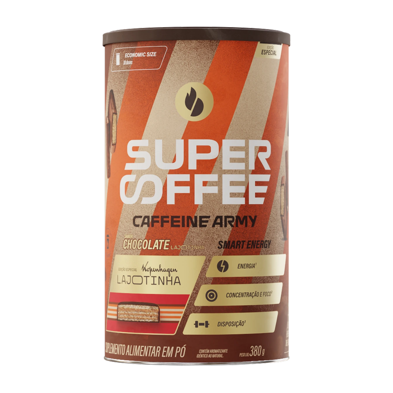 SuperCoffee Lajotinha 380g em lata, edição especial sabor chocolate com wafer, destaque para energia, foco e disposição.