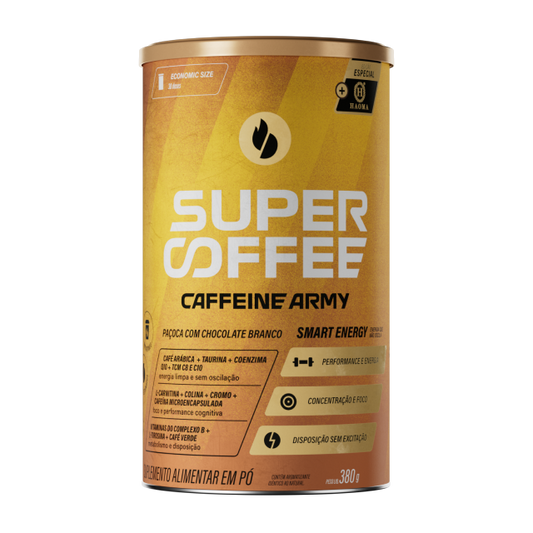 Lata SuperCoffee Paçoca com Chocolate Branco 380g, edição especial Haoma, com rótulo amarelo.