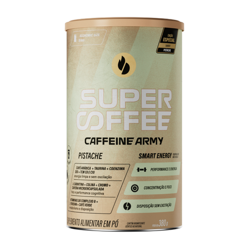 Lata SuperCoffee Pistache 380g, edição especial, com rótulo verde claro em destaque.