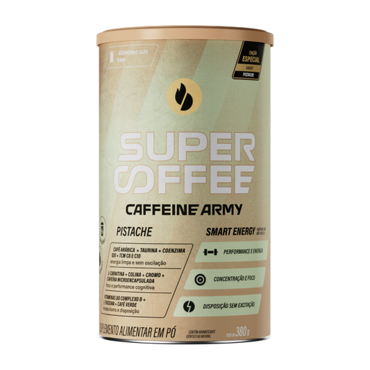 Lata SuperCoffee Pistache 380g, edição especial, com rótulo verde claro em destaque.