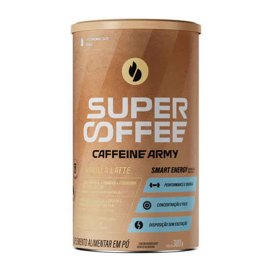 Lata SuperCoffee Vanilla Latte 380g com rótulo bege e detalhes em azul.